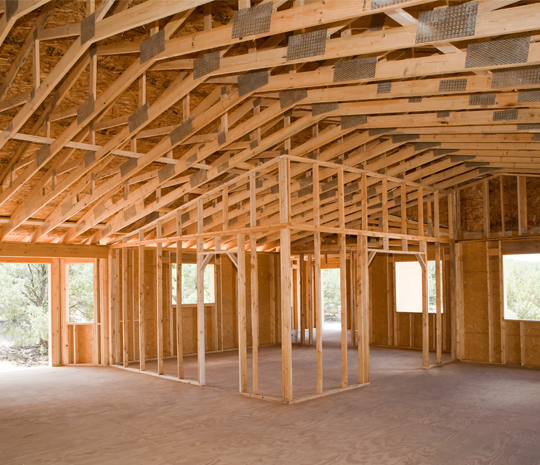 Inside of wood framed building