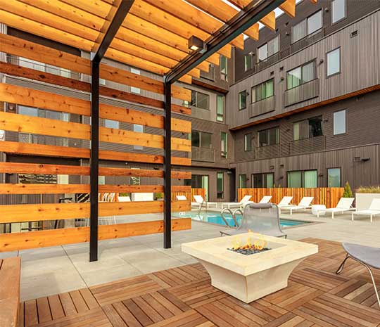 Pool area with wood pagota